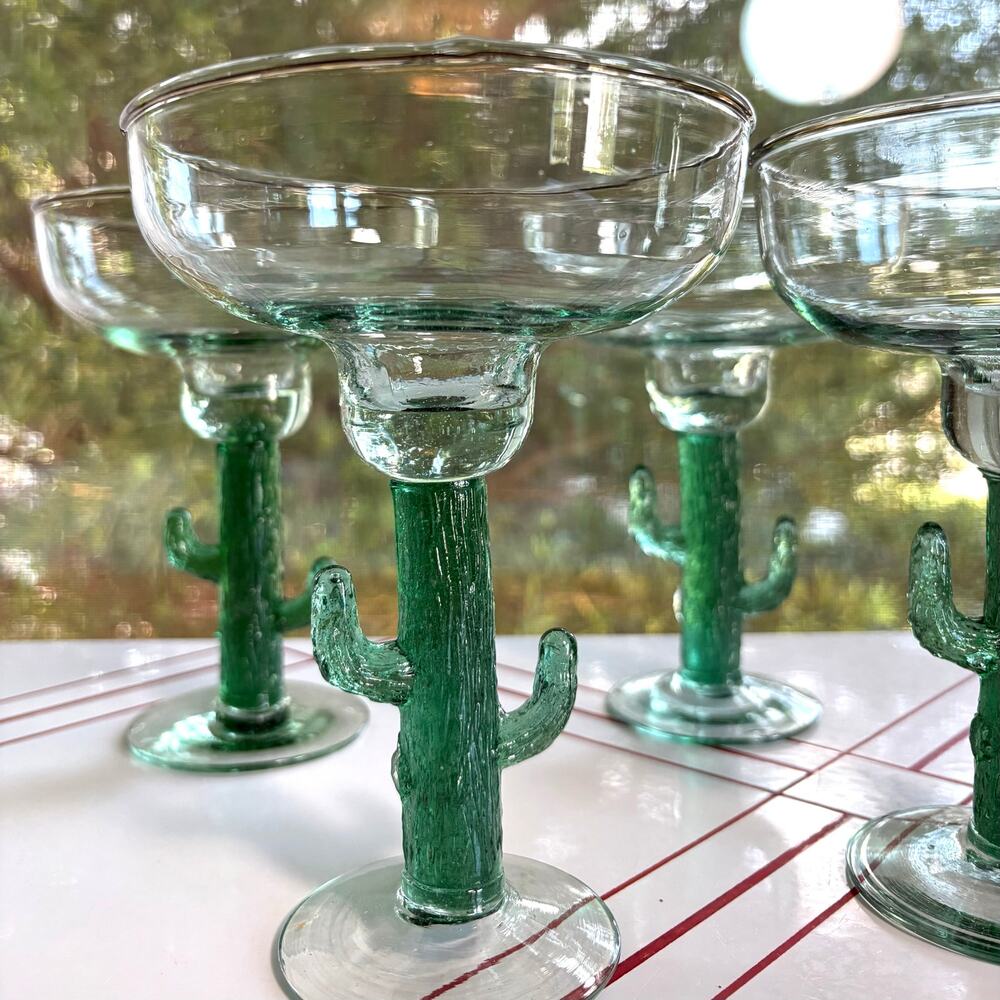 Vintage Set of 4 Cactus Stem Margarita Glasses Mouth Blown Glass